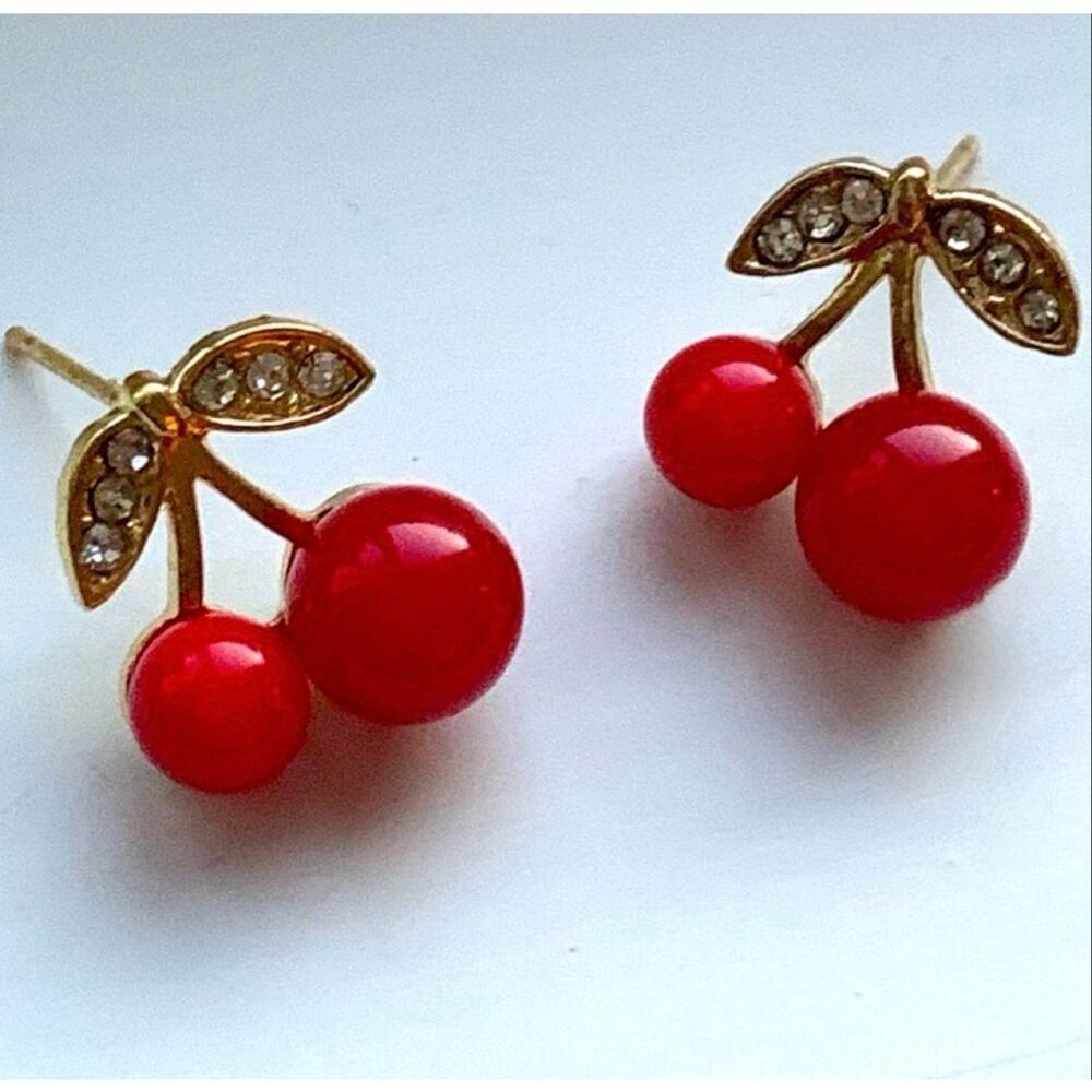 Whimsical Cherry Red & Gold Tone Fruit Earrings